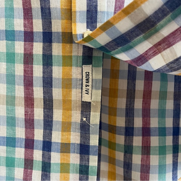 Crown & Ivy Linen Plaid Short Sleeve Button Up Shirt Multicolor Plaid Size XL - Picture 4 of 8